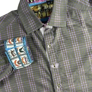Robert Graham Button Up Shirt Mens Large Mustache Flip Cuffs Purple Gray Check
